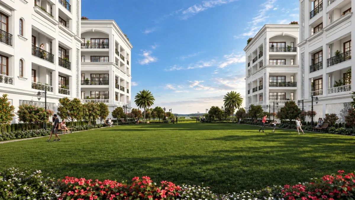 Central Park The Orchard, Flower Valley, Sohna: white low-rise residences with wrought-iron balconies around a wide central lawn with palms and gardens