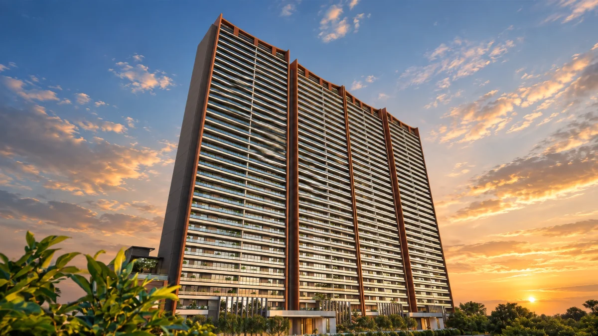 Godrej Sora high-rise on Golf Course Road, Gurugram, at sunset: a tall residential tower with copper-toned vertical fins and long horizontal balconies