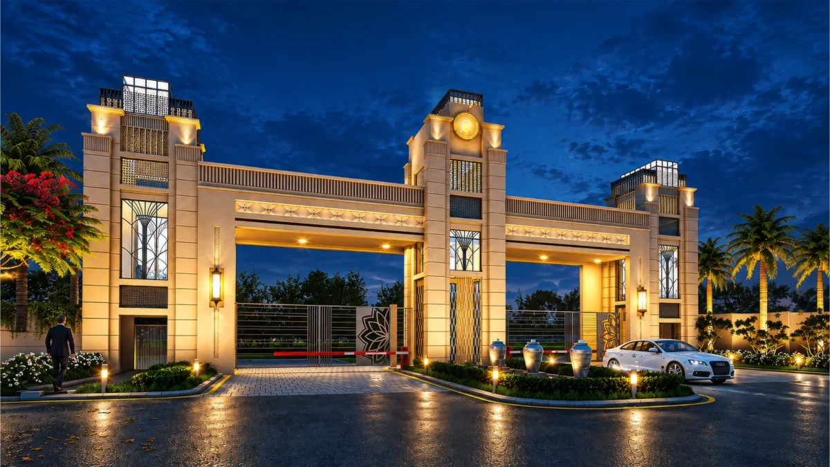 Entrance gate of Meffier Golden Park, Sector 4, Sohna, at dusk: a lit sandstone gateway with three towers and twin arched lanes