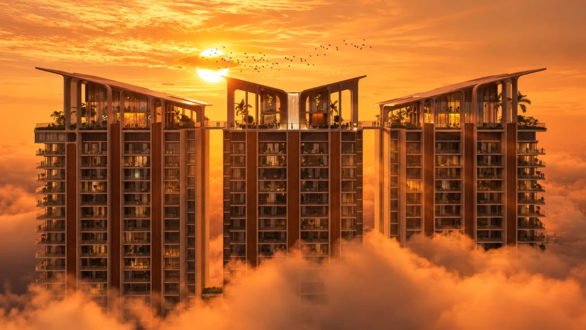M3M Altitude's three towers on Golf Course Extension Road, Gurugram, joined by a glass sky bridge, rising above the clouds at sunset