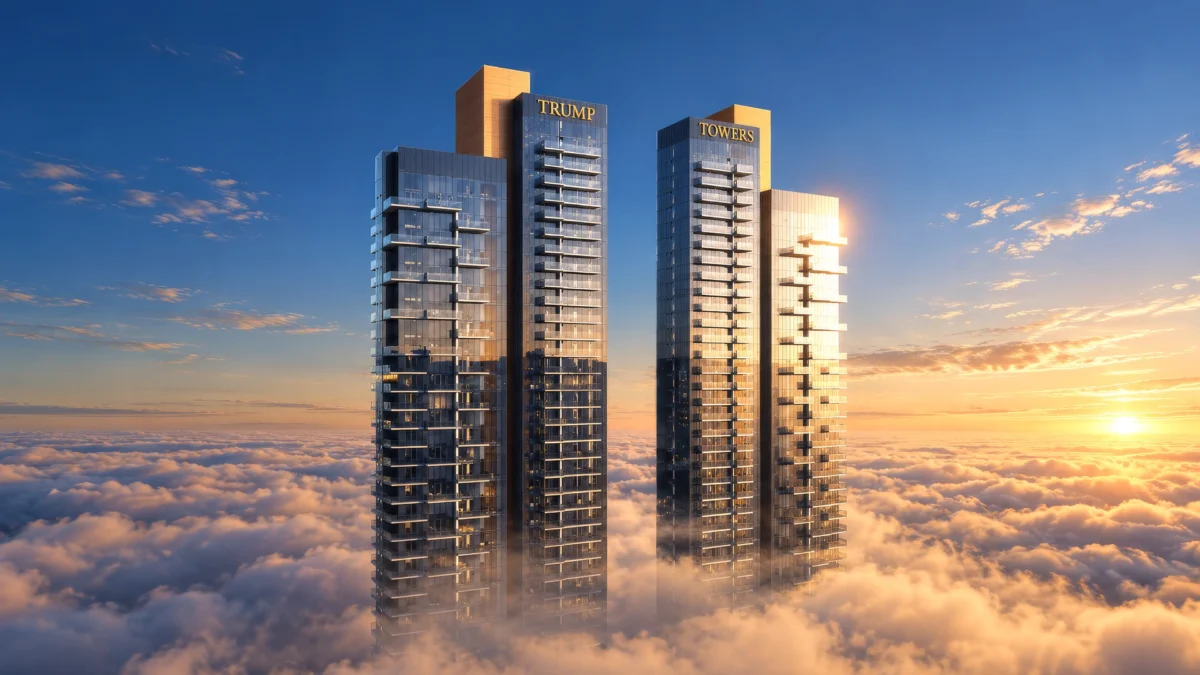 Trump Towers Delhi NCR in Sector 65, Gurugram: two glass residential towers rising above the clouds at sunrise