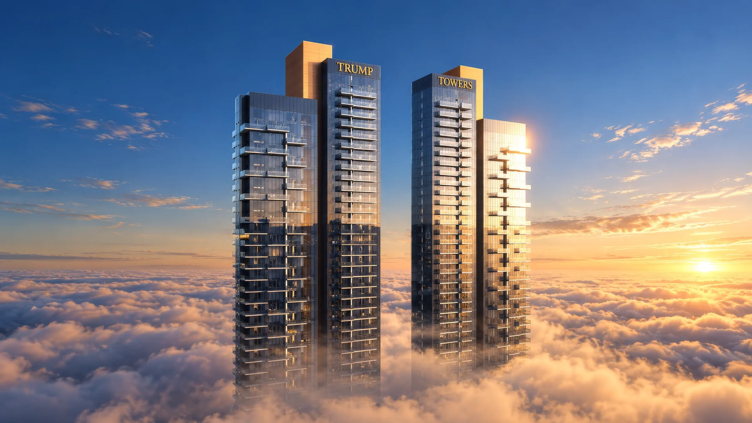 Trump Towers Delhi NCR in Sector 65, Gurugram: two glass residential towers rising above the clouds at sunrise