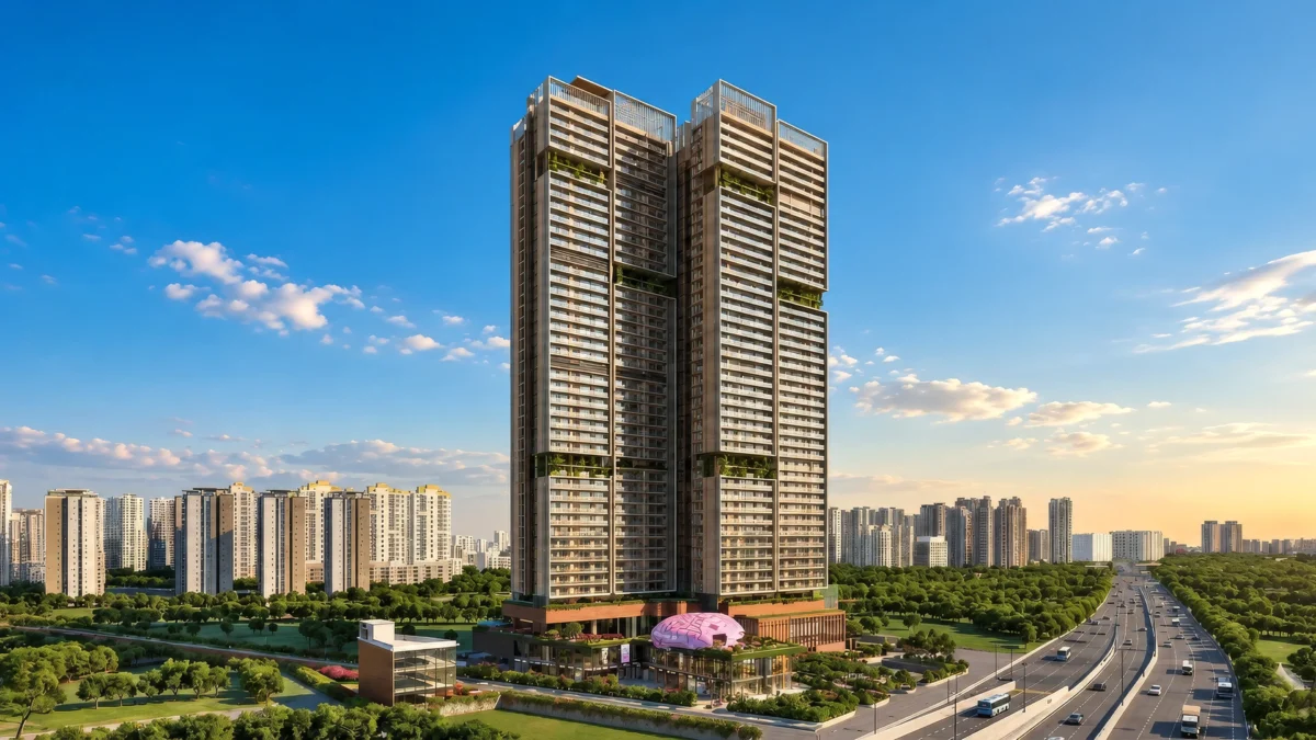 Signature Global Twin Tower DXP on Dwarka Expressway, Gurugram: two 45-storey residential towers with sky gardens beside the expressway