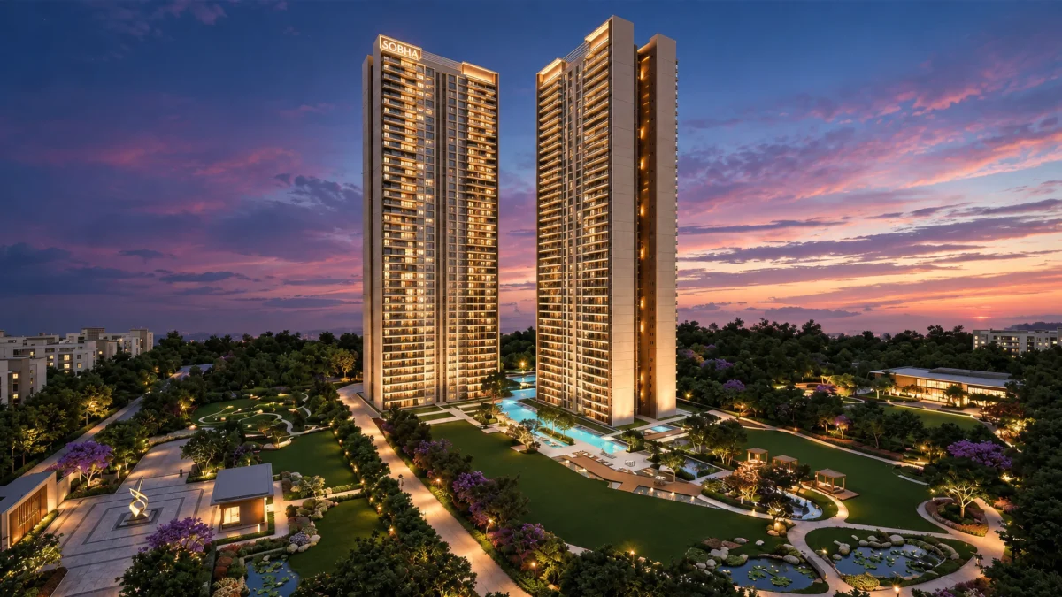 SOBHA Crescent's two residential towers in Sector 63A, Gurugram, lit at dusk above landscaped gardens, a swimming pool and lily ponds