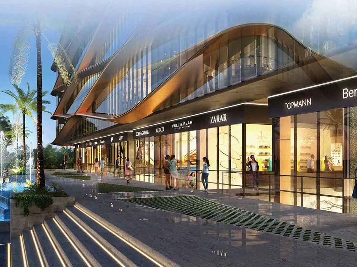Render of curved glass retail facade with shopfronts, palms and fountain plaza at M3M Prive 73, Sector 73, Gurugram